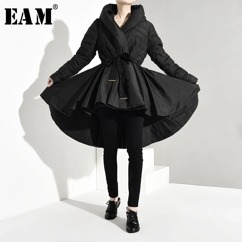 

[EAM] Loose Fit Black Pleated Back Long Down Jacket New Hooded Long Sleeve Warm Women Parkas Fashion Autumn Winter 2019 YA1080