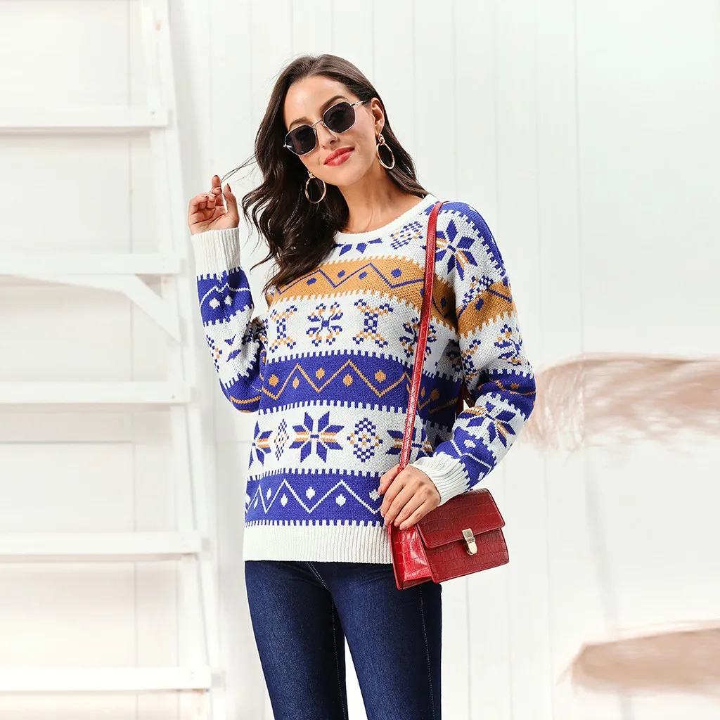 Winter Fashion Jacquard Women Sweater Crew Neck Pullovers Ugly Christmas Woman Jumpers Snowflakes Elk Pattern Female Tops White | Женская