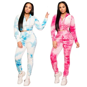 

Tracksuit 2pcs Women Set Hoodies Crop Top Sweatshirt+Tie-Dye Pants Hooded 2 Pieces Sets 2020 New Women Clothing Suits Female