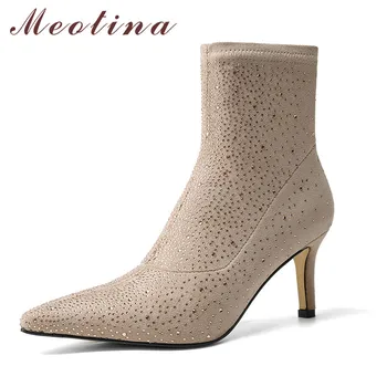 

Meotina Short Boots Women Shoes Rhinestone High Heel Ankle Boots Pointed Toe Stiletto Heels Stretch Boots Female Black Apricot