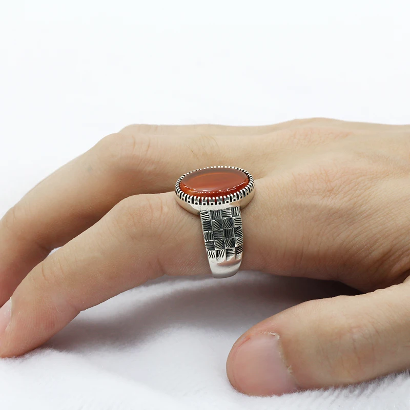 Новое 925 пробы Серебряное мужское кольцо с большим красным натуральный камень оникс винтажное тайское Серебряное кольцо для мужчин и женщин турецкое ювелирное изделие