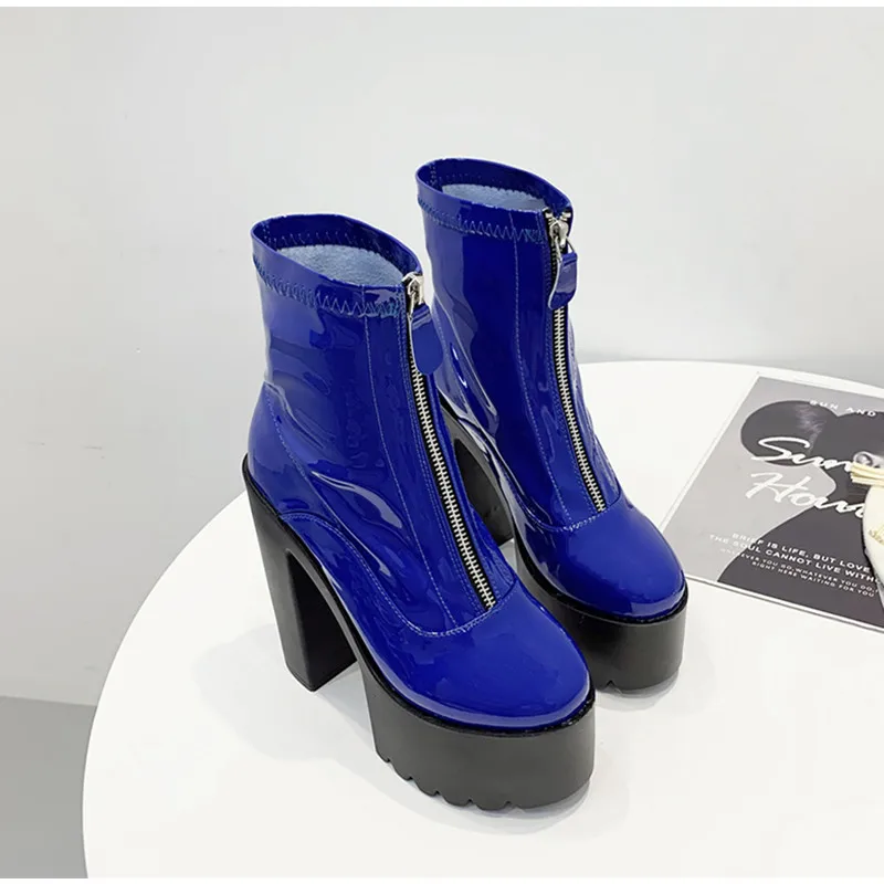 Patent leather Women Motorcycle Boots 14cm Ultra high heels Platform Wedges Zip Ankle boots Autumn Winter Martin boots Shoe