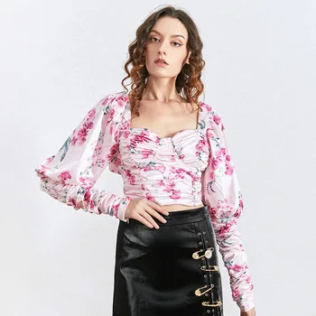 

Print Lace Up Bow Shirts For Women Square Collar Puff Long Sleeve Ruched Tunic Blouses Female Fashion Clothing Tide