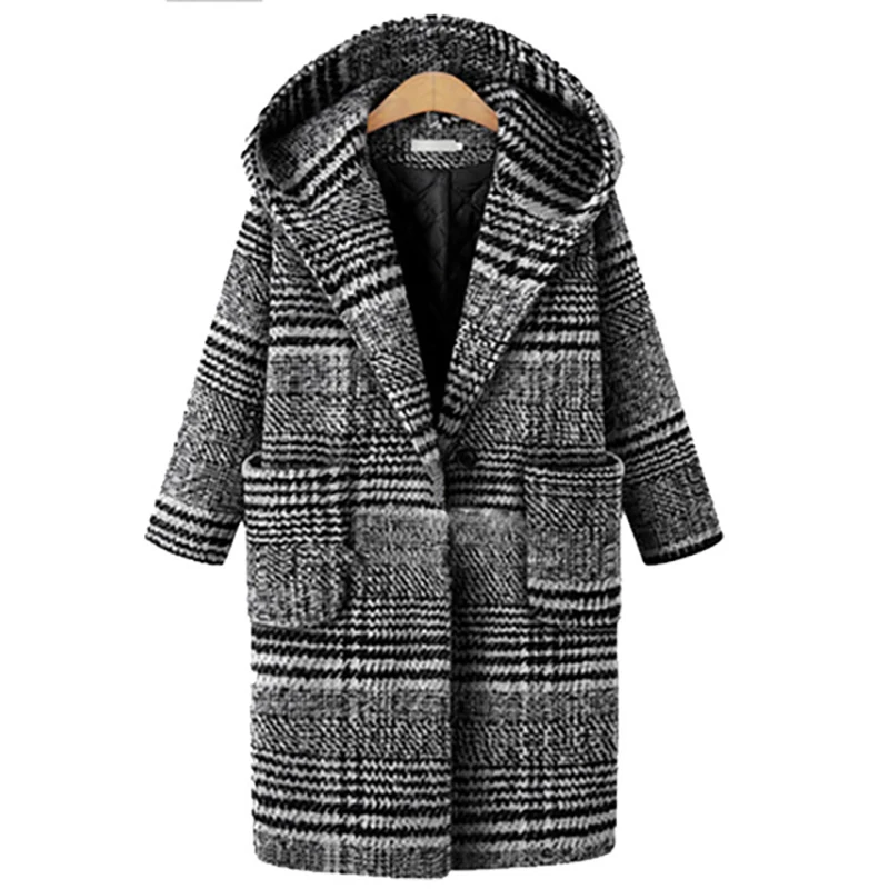 

Elegant Overcoat Autumn and Winter Woolen Coat Women's Loose Plaid Wool Coat Button Wide-waisted Single Breasted Fleece Coat