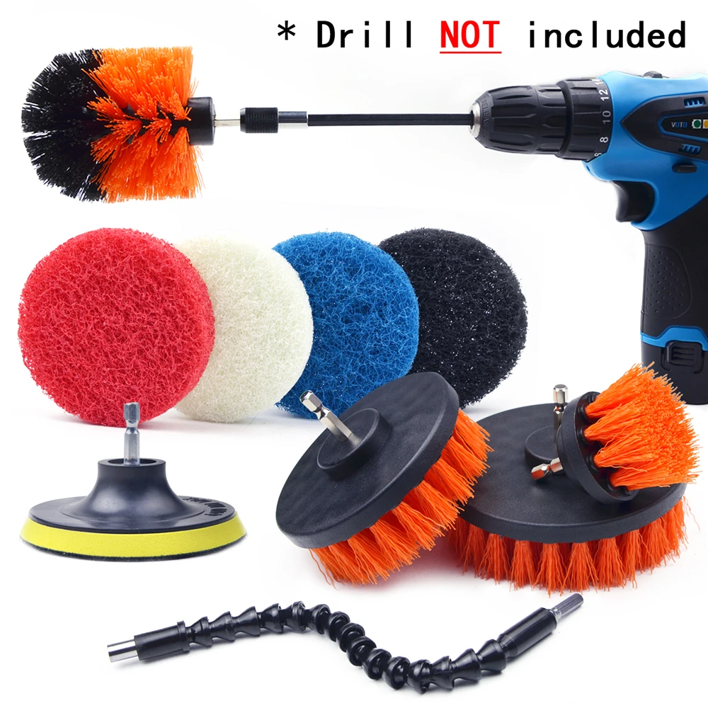 Orange Brush Kit Щетки и губки чистящий набор для дрели 1/4 дюймов адаптер питания скруббер щетка+ шлифовальная подушка+ губка машина кухня ванная комната очиститель - Цвет: Orange Brush Kit