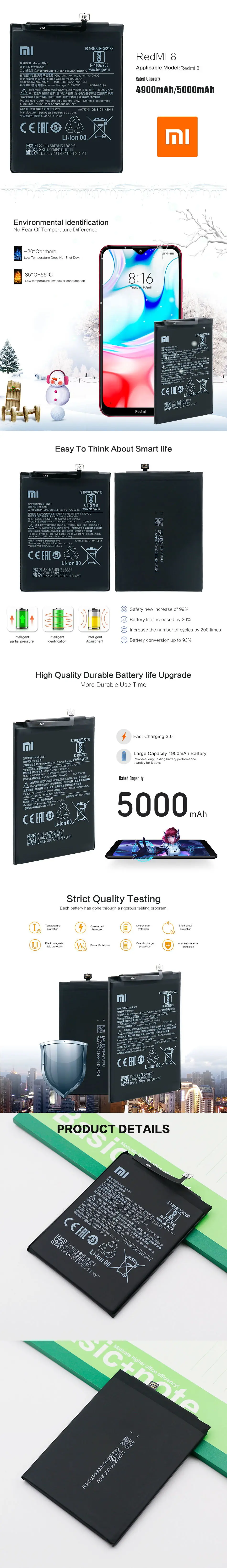 Xiao mi аккумулятор BN51 5000 мАч для Red mi 8/8A Высокое качество Сменные Аккумуляторы для телефонов