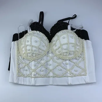 

Fashionable Casual Lady Pearl Beaded Sling Umbilical Sexy Short Baseline Tube Top Headband Underwear Flowers Black White -7