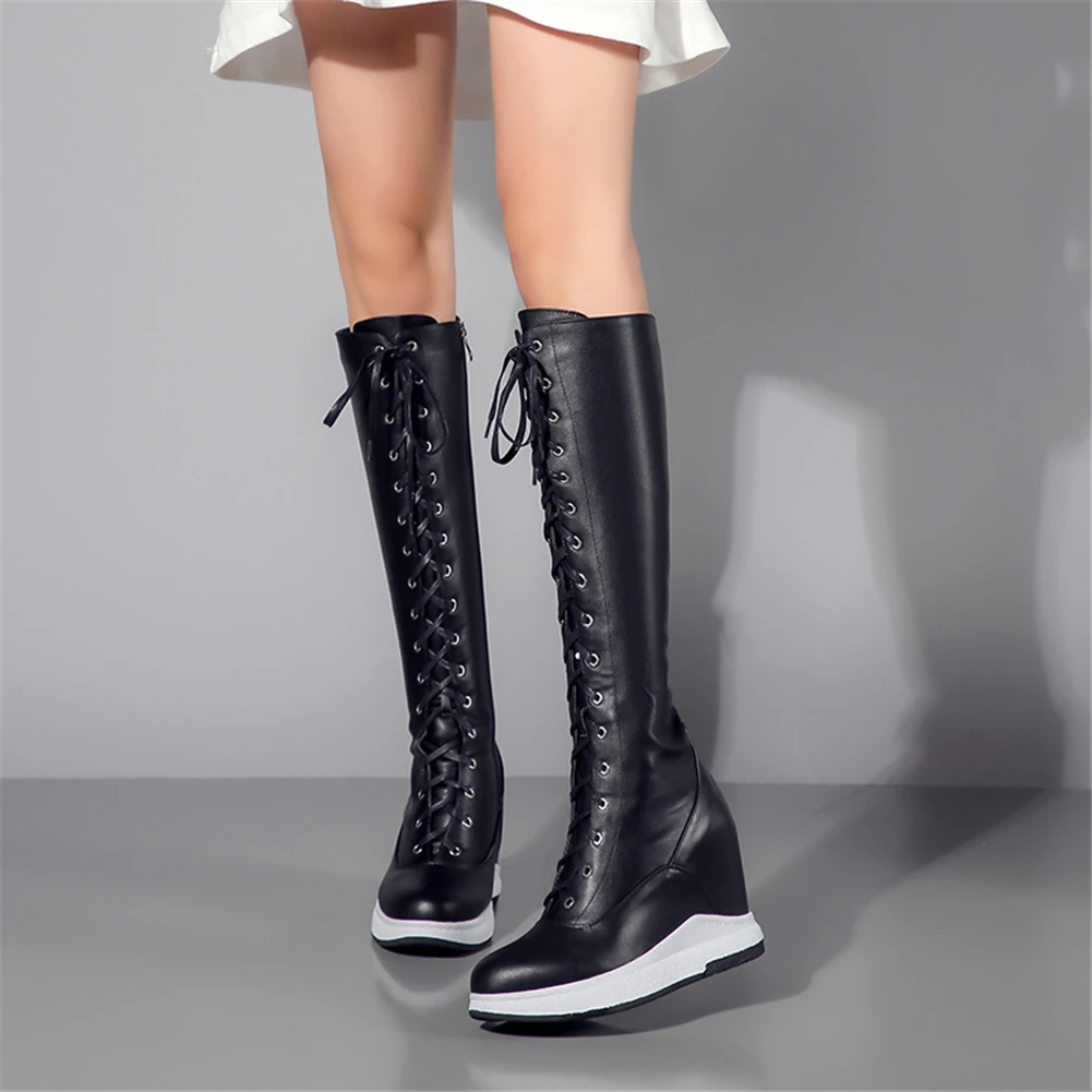 SARAIRIS Quality Genuine Leather mid-calf Motorcycle Boots Women Autumn Winter lace-up Height Increasing Shoes Woman 32-40