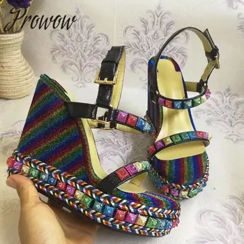 

Prowow New Mixed Color Sexy Platform Studded HIgh Heel Sandals Open Toe Buckle Strap Spring Summer Wedges Shoes Women