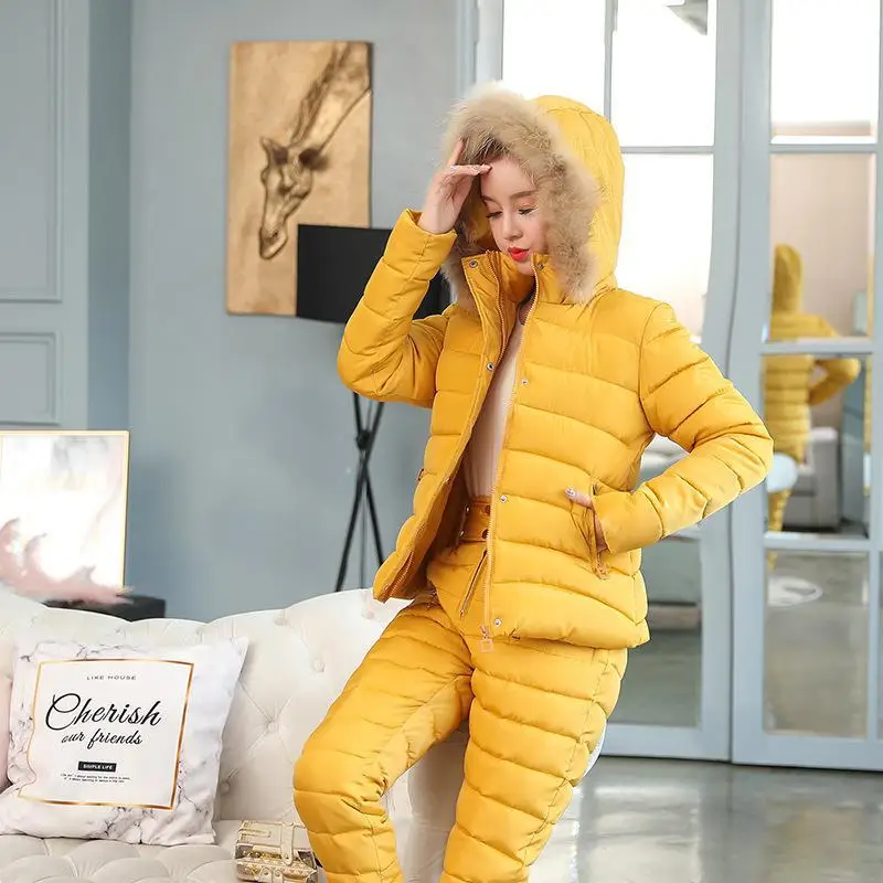 Chaqueta de plumón de traje de invierno para mujer, Camisa + pantalones ajustados, parka para mujer, prendas de vestir, abrigo, chaqueta cálida XXL, color negro, nueva de 2019