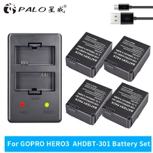 PALO 4 шт. 1600 мАч AHDBT-301 GoPro Hero3 батарея+ двойное зарядное устройство для GoPro Hero 3 Hero 3+ аксессуары для камеры цифровой аккумулятор