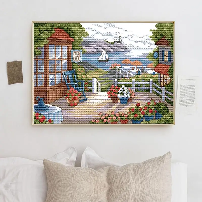Terrace with flowers in full bloom Cross stitch kits Aida 14CT 11CT counted embroidery Needlework set Home decoration painting cross stitch kit