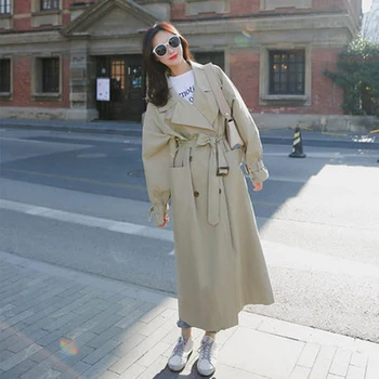 

New Autumn Women Spring Sashes Pockets Double Breasted V-Neck Wide Waisted Dust Coat Female Loose Comfortable Wind Coat ZX1298