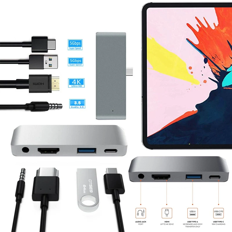 USB Type C To HDMI PD USB 3 0 3 5mm Mobile Pro Hub Adapter with USB C PD Charging 4K Headphone Jack 2020 iPad Pro Tablet Hub