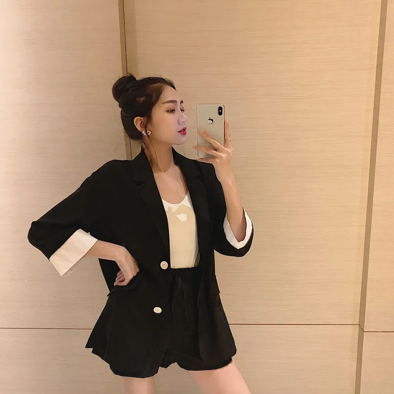 Летняя одежда, стильный комплект, тонкий рукав три четверти, свободный крой, онлайн стиль знаменитостей, маленький костюм, пальто для женщин+ базовый трикотаж