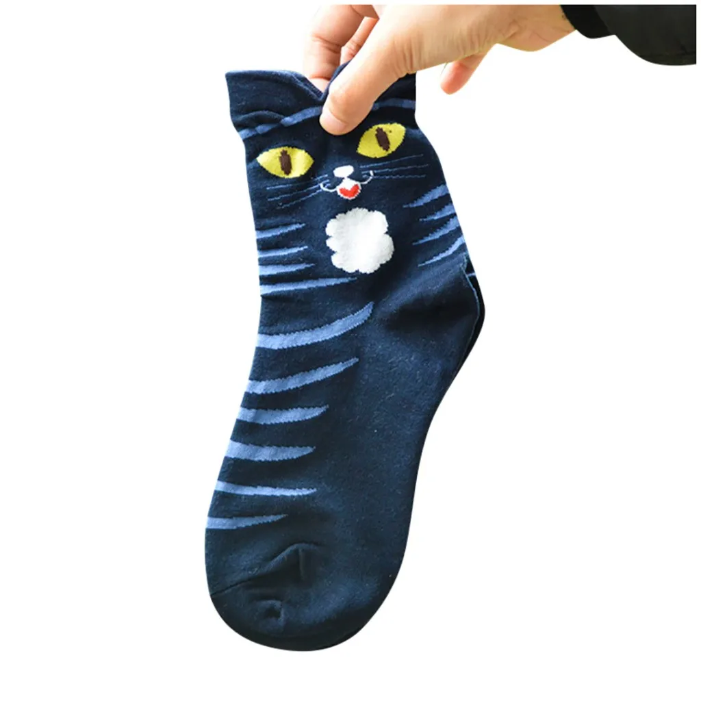 Женские носки, зимние полосатые носки для скейтборда с мультяшным котом, удобные женские носки из хлопка, милые носки для девочек, темно-синие