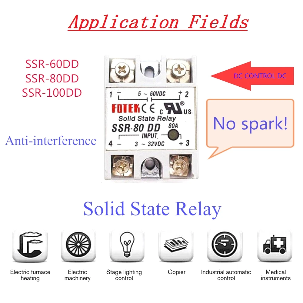 

SSR DD 60A 80A 100A Single Phase DC Control DC Heat Sink 3-32VDC To 5-220VDC SSR-100DD 60DD 80DD Solid State Relay Module relay