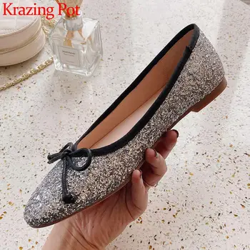 

Krazing pot new sequined cloth round toe butterfly-knot princess sweet cute girls shiny slip on shallow summer women flats L76