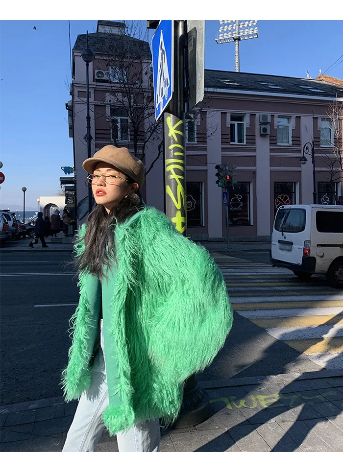Зеленый бежевый ворсистый, пушистый искусственный искусственная Меховая куртка Пальто Верхняя одежда с воротником для женщин зимние теплые куртки пальто