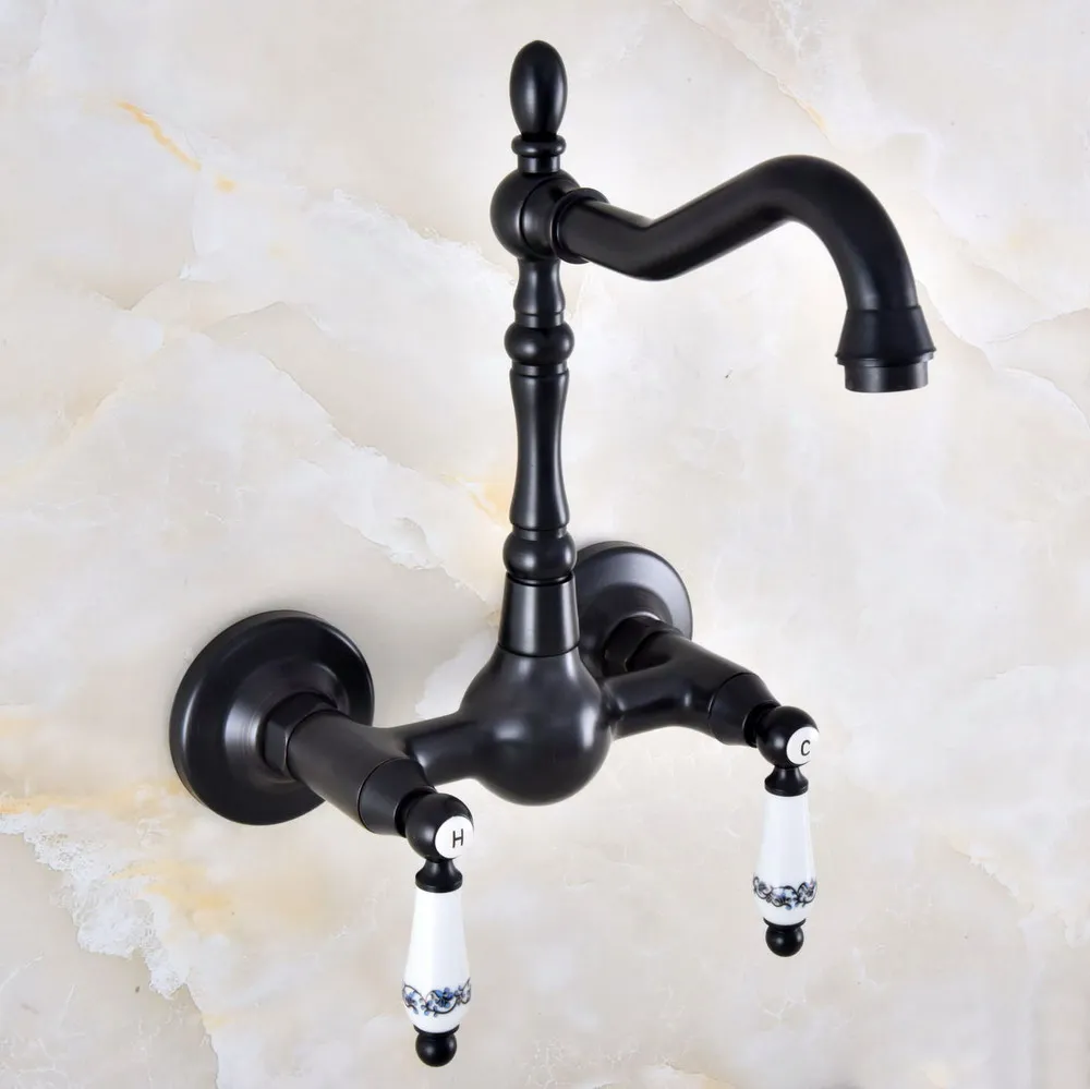 

Black Oil Rubbed Bronze Bathroom Kitchen Sink Faucet Mixer Tap Swivel Spout Wall Mounted Two Handles mnf865