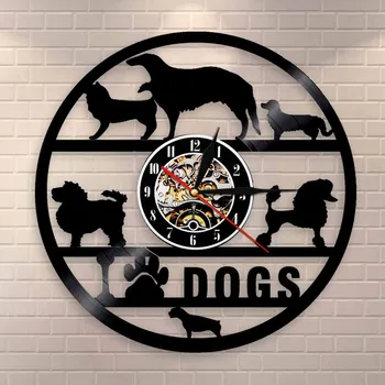 

Pack of Dogs Pet Shop Wall Decor Wall Clock Dog Breeds Grooming Salon Vetclinic Vinyl Record Wall Clock Puppy Pet Lovers Gift