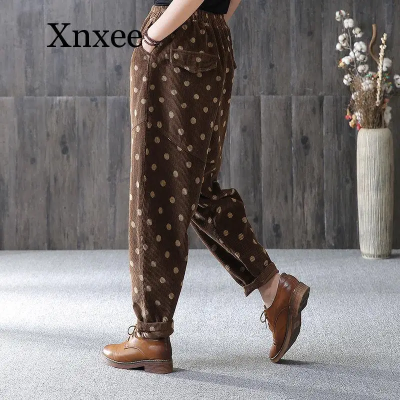 winter Autumn New Arrival Women Elastic Waist Dot print Corduroy Harem Pants all-matched Casual Loose Pants  Trousers