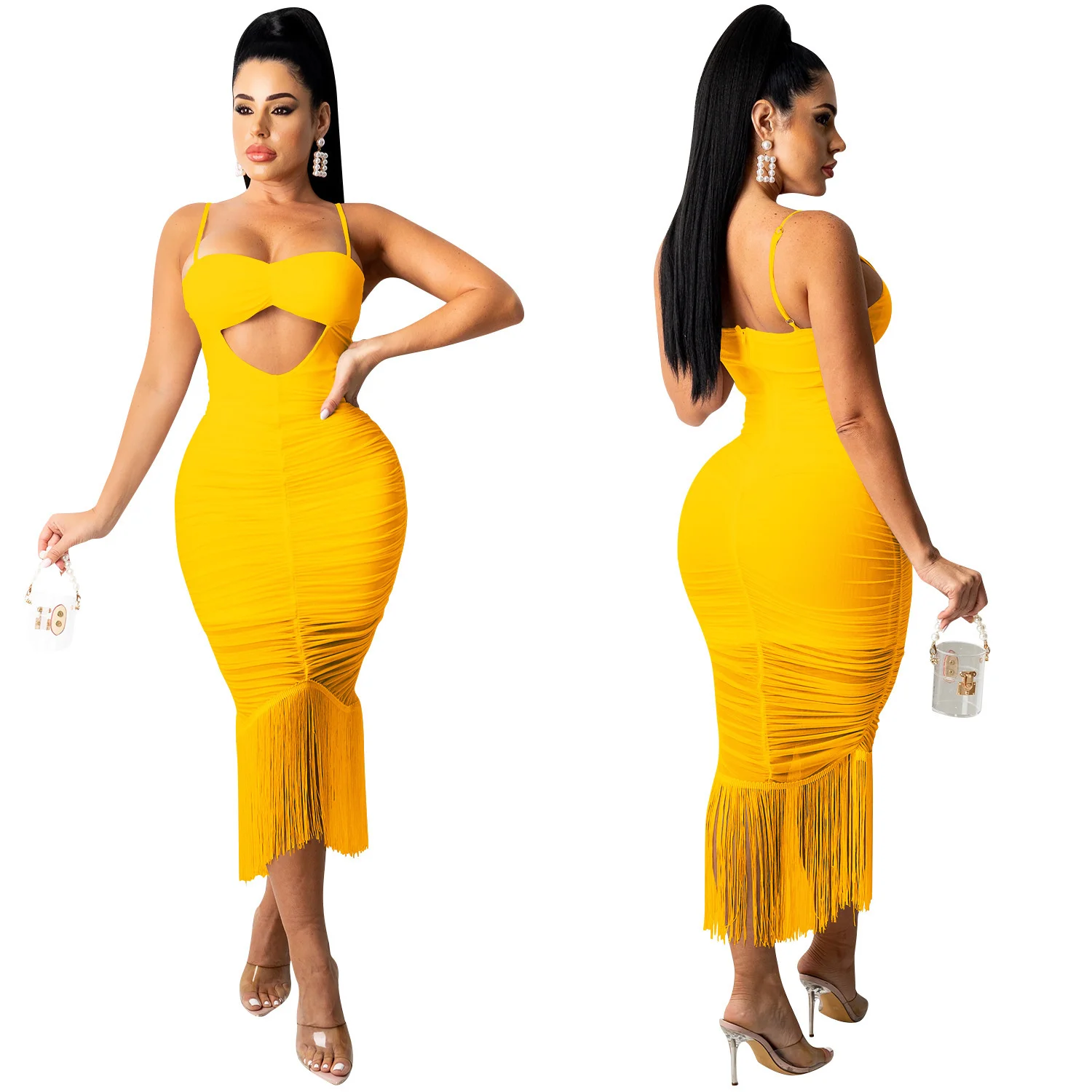 Cutubly Hollow Out Tassel Midi Dresses Solid Party Dresses For Women Casual Sexy Summer Fashion Spaghetti Straps Club Dress