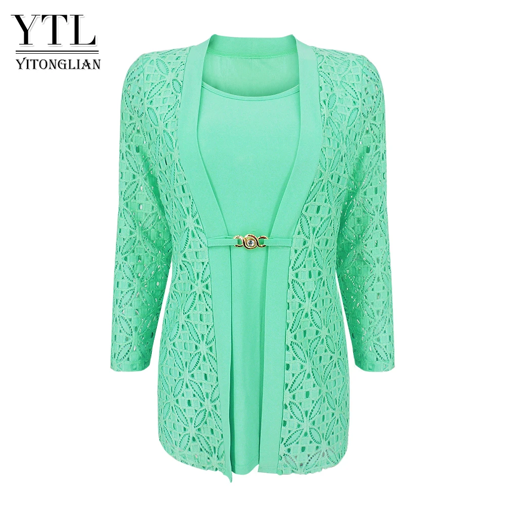 YTL Women's Plus Size  False Two-piece 3/4 Sleeve Mint Blouse Office Work Business Lace Waist Brooch  Tunic Top Shirt H384 black long sleeve top