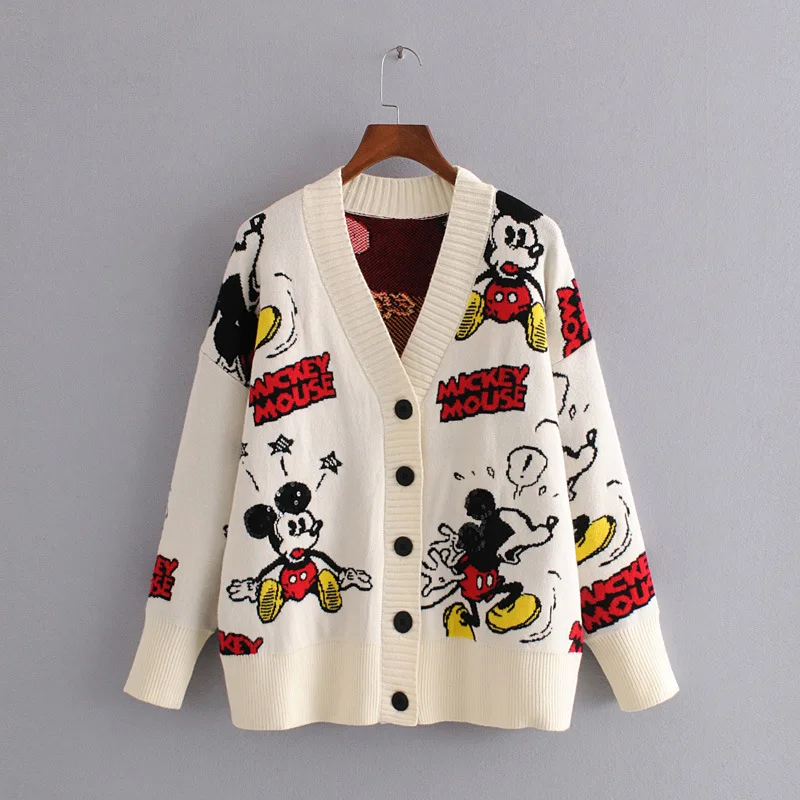 

MK Mouse Cartoon Print Early Spring new loose Knitted Cardigan Sweater