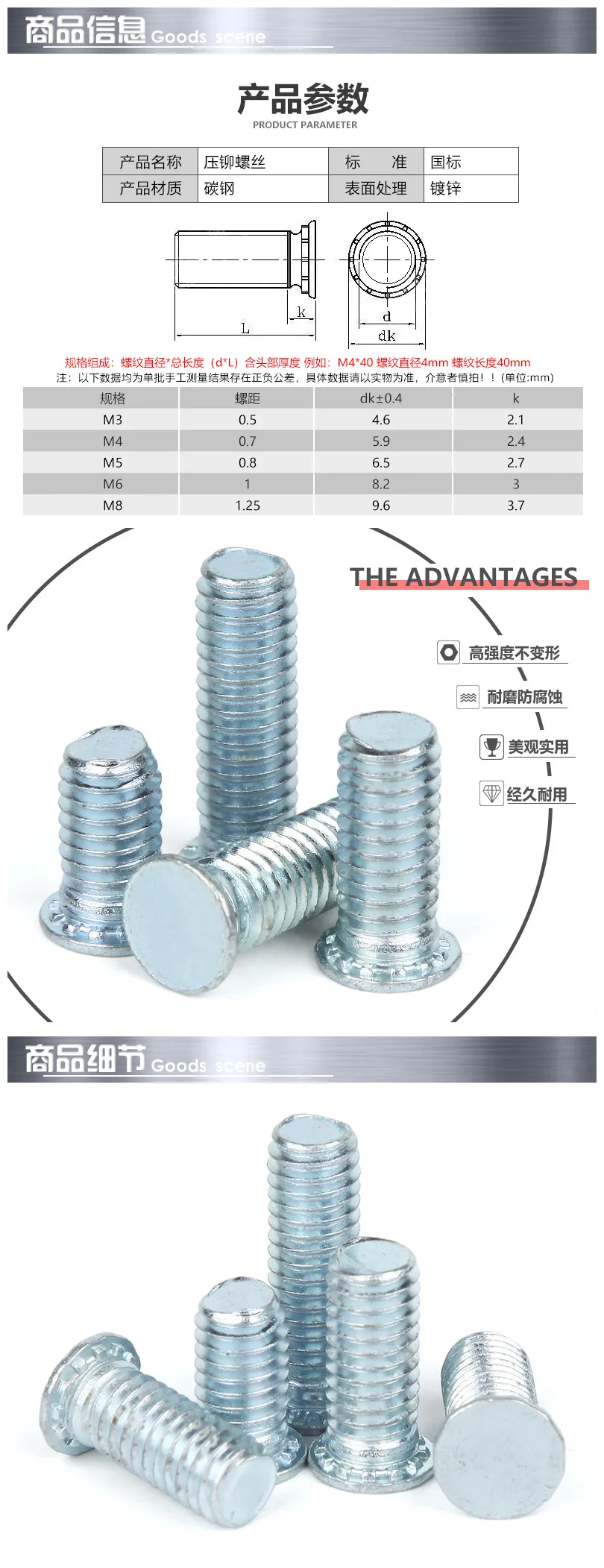 

FHS-632-4/5/6/8/10/12/14/16/18/20/24Self-Clinching Flush-Head Studs,Stainless Steel Min.Sheet Thickness1,Hole Size In Sheet3.5