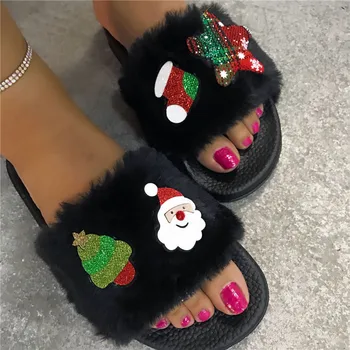 

Christmas Gift Women House Slippers Faux Fur Shoes Woman Slip on Flats Female Sequin christmas pattern furry slippers