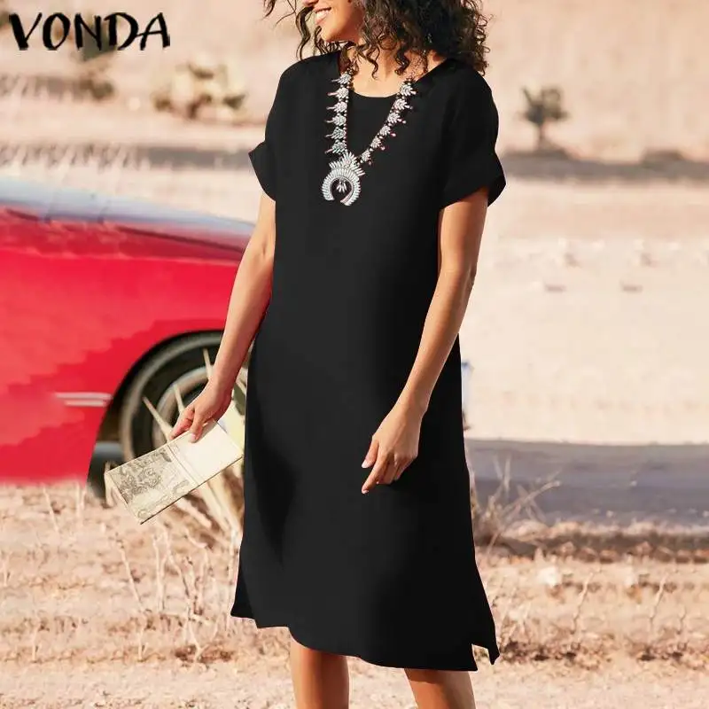 

VONDA Summer O Neck Dress Women Solid Color Short Sleeve Party Dresses Loose Bohemian Vestidos Femme Robe S-5XL Sundress