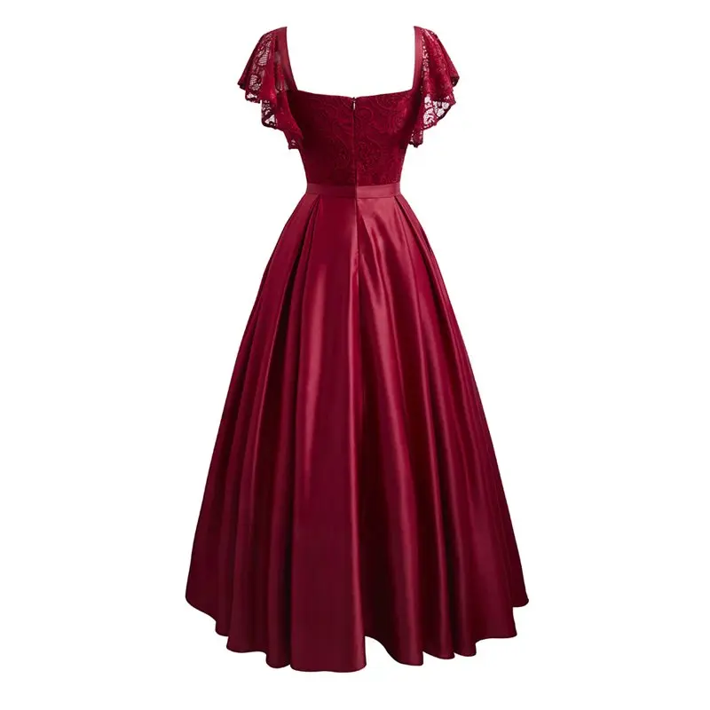Летнее сатиновое длинное платье с цветочным кружевом для вечеринок и свиданий, женское платье с коротким рукавом на весну и лето, бордовое красное повседневное Кружевное платье макси
