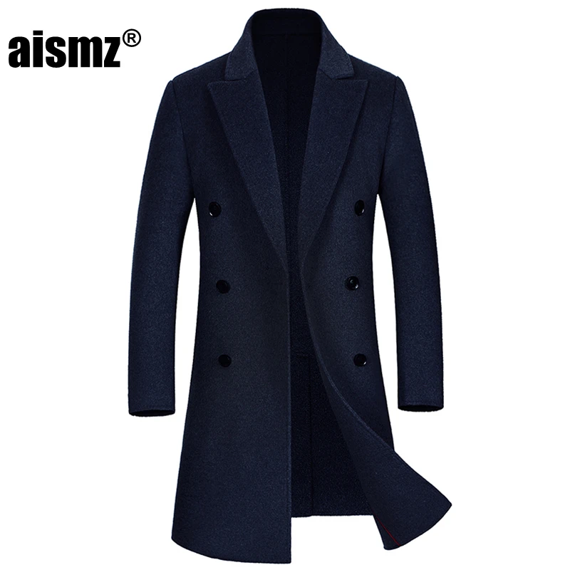 Aismz Mens Double Sided Wool Coat Winter Cashmere Jacket Man Long Section Double Breasted Overcoat Casual European style fashion