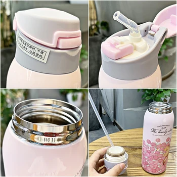 

350ml/480ml Stainless Steel Flower Animal Printed Art Thermos Bottle Warm Cup Coffee Tea Travel Mug Therm Gifts With Straw