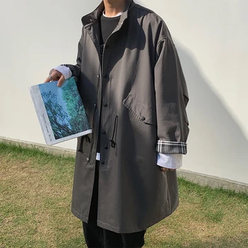 

Men's trench coat autumn and winter 2020 new slimming solid color long plaid patchwork trench loose casual young men's wear