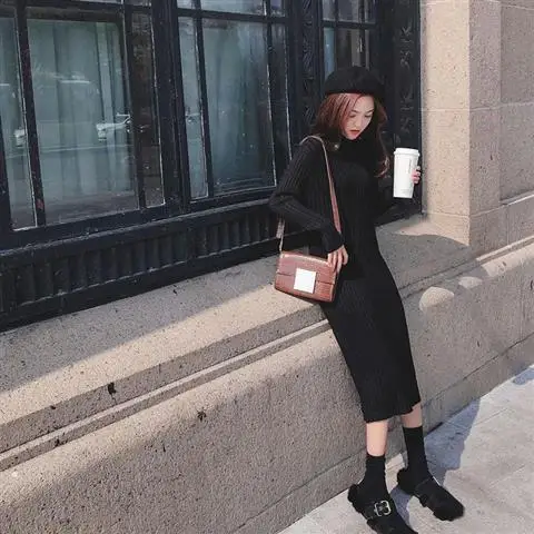 Long sweater skirt Зимнее трикотажное платье-свитер Женские однотонные макси платья облегающее длинное платье до середины икры женские теплые платья - Цвет: Long sweater skirt