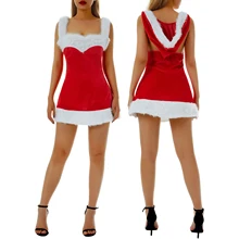 

Women Christmas Hooded Cosplay Costume Dress Santa Claus Costume Sleeveless Backless Dress Adult Christmas Party Outfit