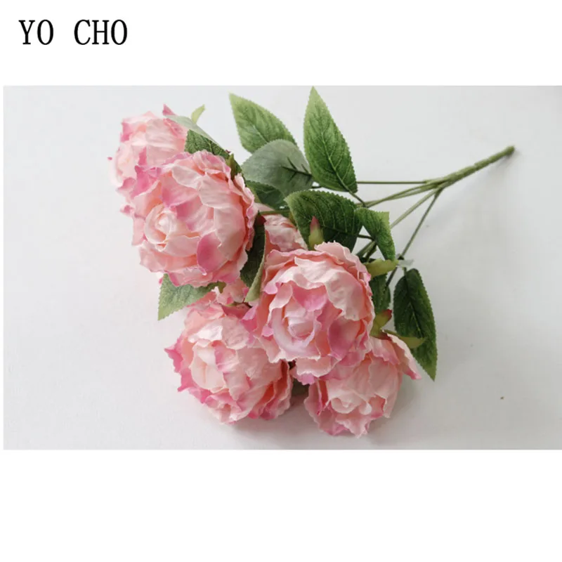 peach-pink YO CHO Свадебный букет цветов букет невесты Искусственный шелк цветок 7 голов пион Розовый офисный домашний декор свадебные принадлежности - Цвет: peach-pink