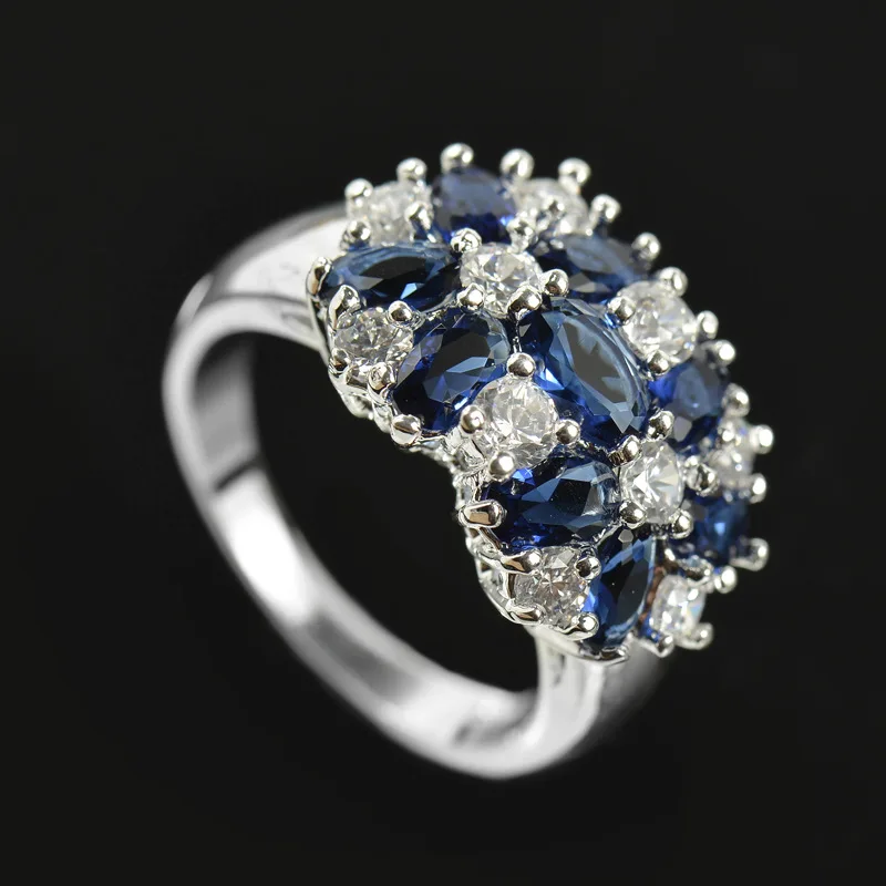 blue Серебряное кольцо 925 с цирконием драгоценный камень цветок кольцо на палец для леди ювелирные изделия для вечерние свадебные обручение подарок на день рождения - Цвет камня: blue