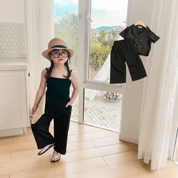 

Summer New Arrival korean style three pieces fashion suit long pants with suspender t-shirt and short sleeve coat for cool girls