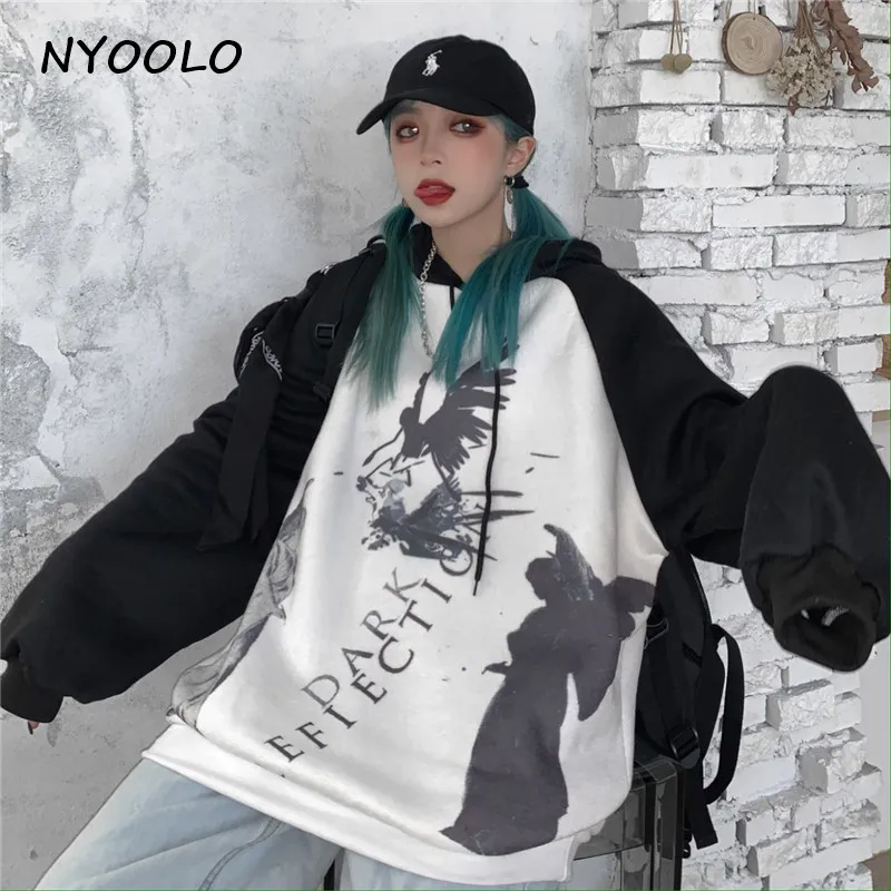 NYOOLO, осень, зима, темно-ангел, с буквенным принтом, плюс бархатные толстовки, повседневный Свободный пуловер с капюшоном, утолщенная теплая Толстовка для женщин и мужчин