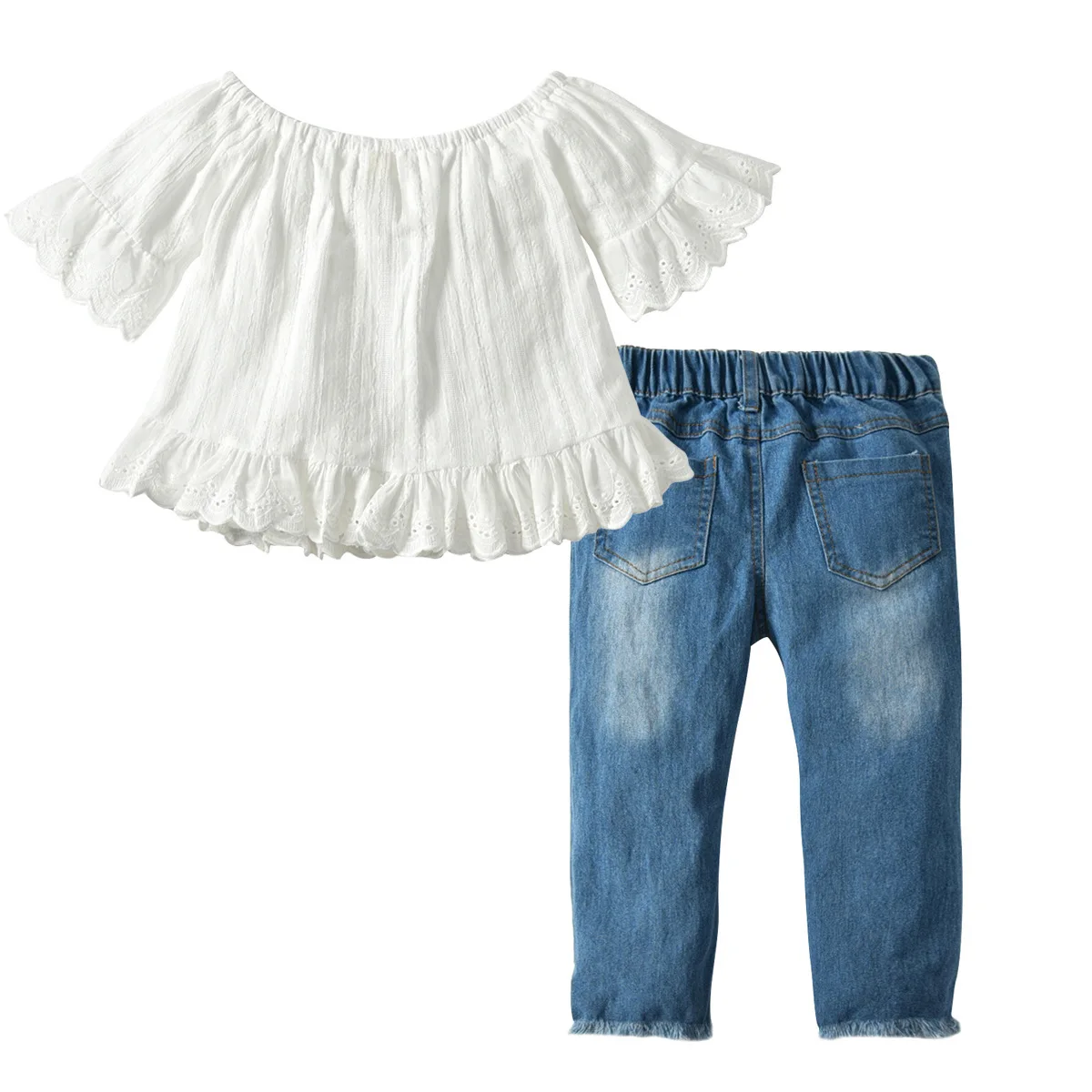 

2019 New Style Girls Summer Short Sleeve T-shirt Beads Jeans Set Childrenswear