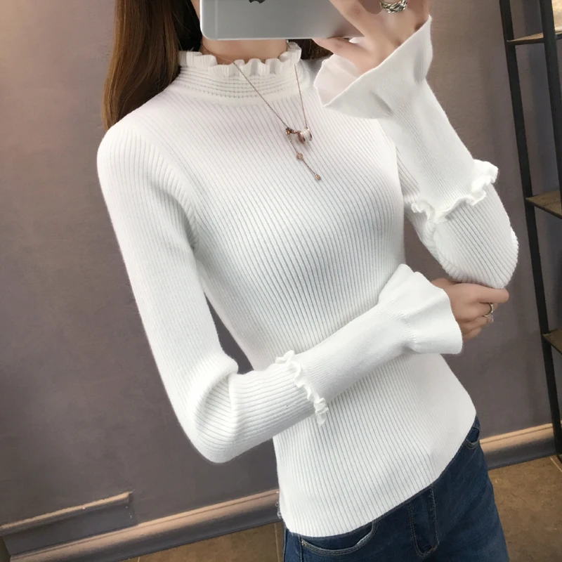 2019 new Autumn Winter Half turtleneck Warm thick Pullover Knitted Sweater Women Ruffle sleeve Harajuku Female cc1088 | Женская одежда
