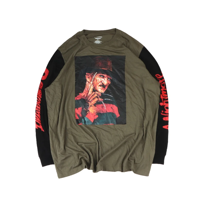 American classic horrible nightmare Ghost Street print t-shirts men high street casual patchwork long sleeve top oversize autumn