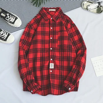 

2020 New Long Sleeve Plaid Shirt Men Camisa Masculina Japanese Streetwear Casual Loose Men Shirt Camisas Para Hombre S-XXL