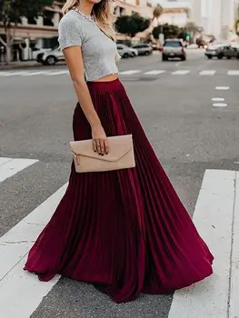 

Autumn 2019 Women Long Metallic Maxi Pleated Skirt Maxi Skirt High Waist Elascity Casual Party Skirt Vintage