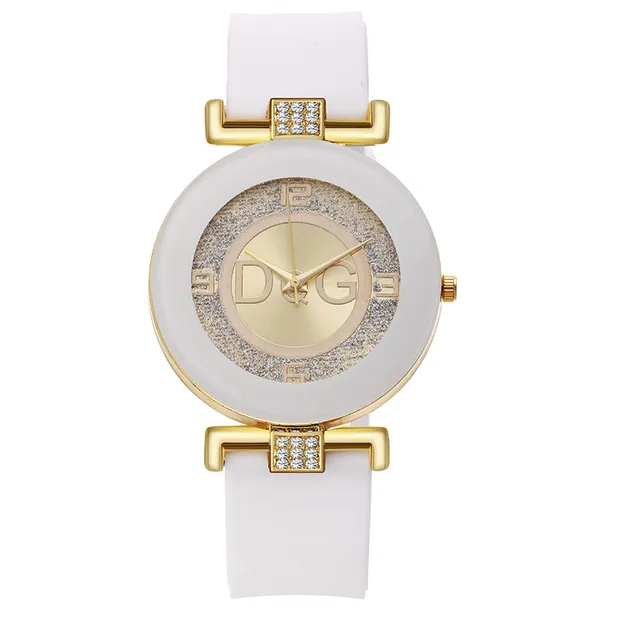 High Quality Dqg Brand Simple Crystal Fashion Quartz Female Watch Black Design Silicone Strap Large Dial Creative Fashion white