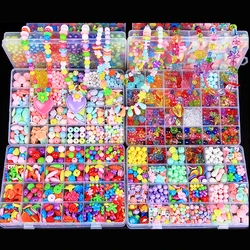 Pulsera y Collar para niños, joyería artesanal, cuentas de plástico acrílico, juguete con Kit de caja, para mujeres y niñas