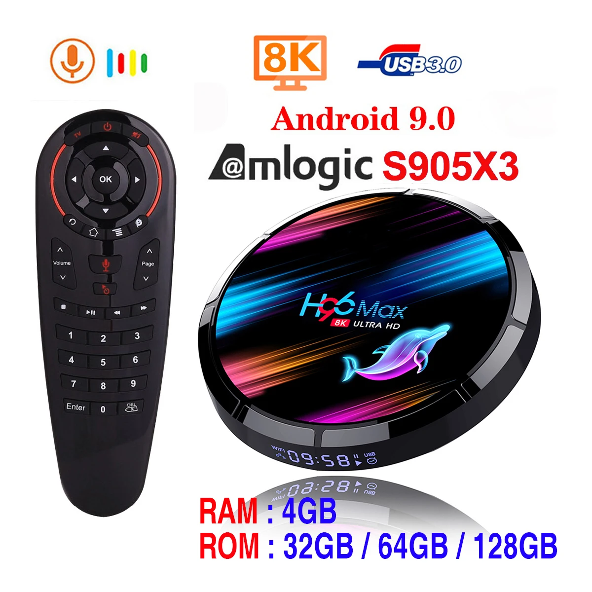 Boîtier Smart TV H96 MAX X3 S905x3, Android 9.0, 4 go 32 go 64 go, lecteur  multimédia 4K, Assistant vocal Google H96MAX